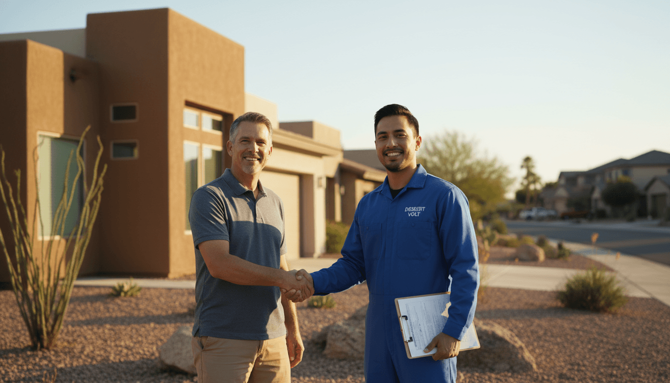 Electrician and satisfied customer handshake