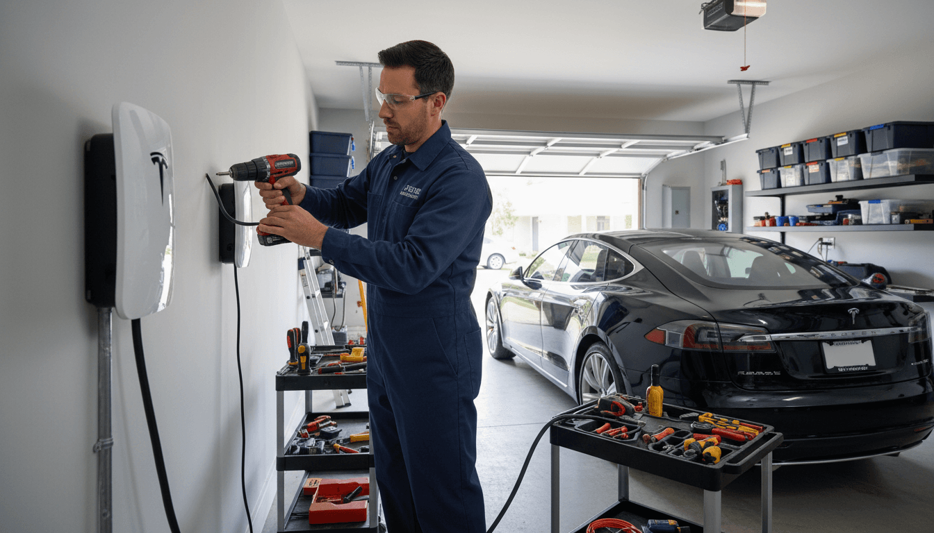 Professional electrician installing Tesla wall charger